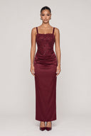 Dèlency Roselle burgundy corset maxi dress, sequin embroidery detail