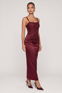 Dèlency Roselle burgundy satin maxi dress, model view