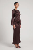 Dèlency Noctelle chocolate satin maxi dress with draped waist