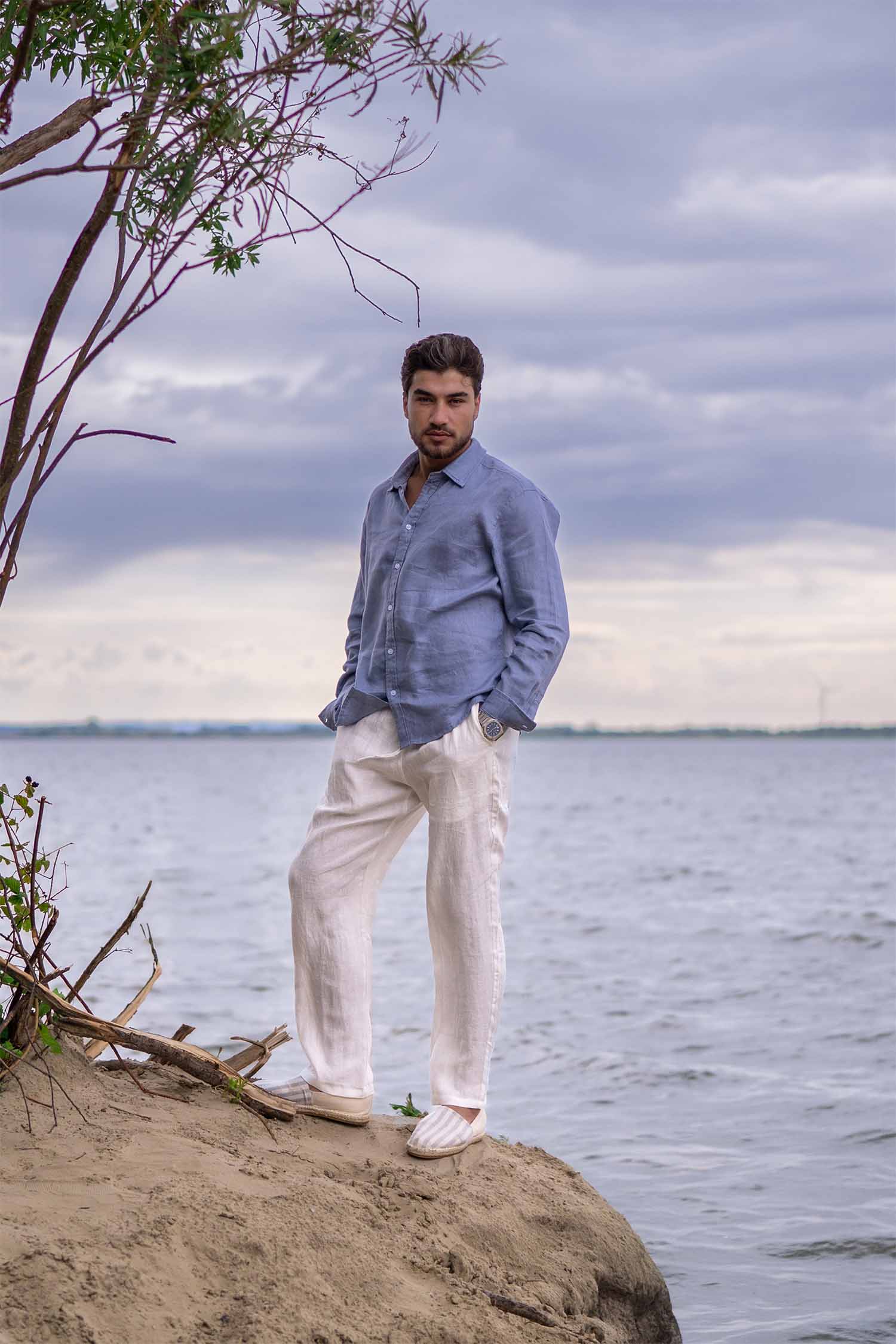 Long Sleeve Linen Shirt Blue | Dlency Long Sleeve Linen Shirt Blue | Dlency