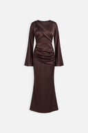 Dèlency Noctelle chocolate brown satin maxi dress with flared sleeves