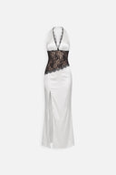 Dèlency Vérine ivory maxi dress with black lace panel and front slit