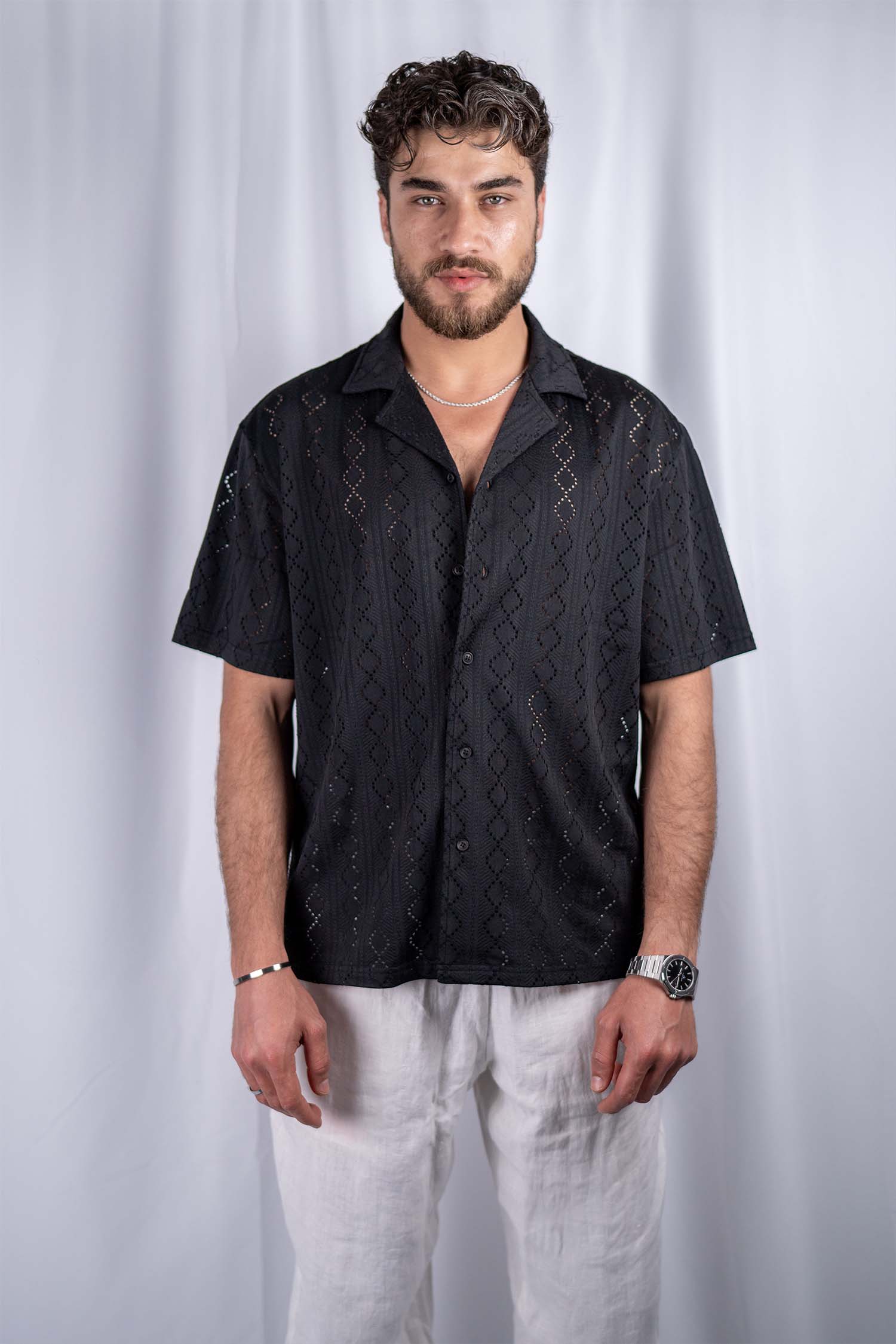 Jacquard Camp Collar Shirt — Black